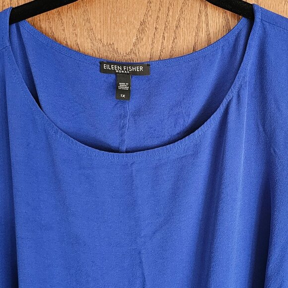 Eileen Fisher Silk Crepe Bateau Neck Slit Sleeve Blue Georgette Blouse Size 1X - Picture 2 of 6